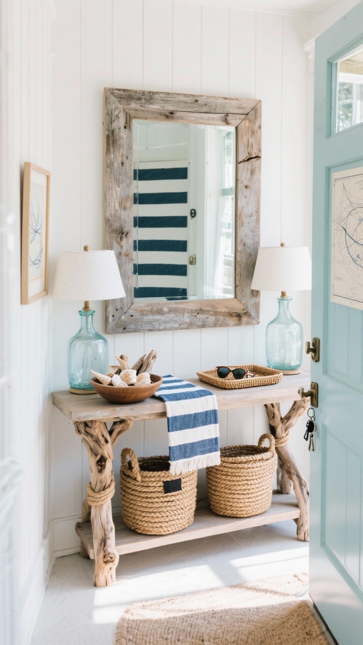 Photorealistic wide coastal rustic entry: driftwood console table with lower shelf holding rope-handled baskets; weathered-wood mirror above; striped navy-and-cream runner stretching through frame; pair of glass jug lamps on console; bowl of beach finds (shells, driftwood) and a rattan tray for sunglasses and keys; small framed nautical chart; bright, breezy daylight.