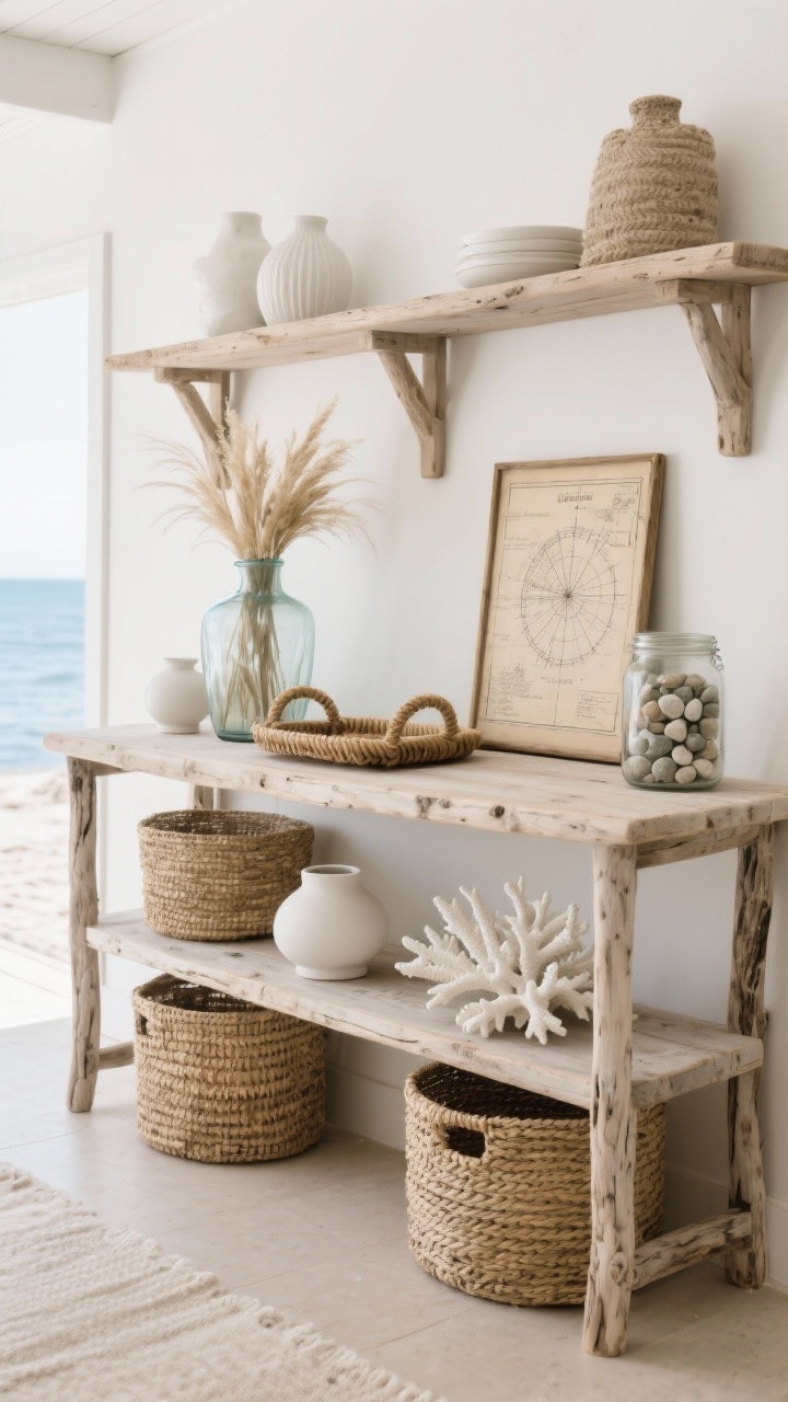 Photorealistic wide console scene, straight-on: rustic coastal shelving with a bleached wood console and lower shelves in weathered driftwood tones and sandy neutrals. Styled with woven seagrass baskets, white coral-inspired ceramics, a glass demijohn filled with beach grass, a rope-handled tray, a vintage nautical chart leaned at the back, and a pebble-filled jar. Breezy, calm seaside light.