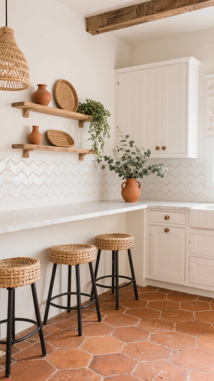 Photorealistic wide corner angle: terracotta hex floor tiles grounding the space; soft white cabinets with rattan-wrapped knobs; floating wood shelves styled with clay vessels, woven trays, and cascading greenery; handmade white backsplash tiles with wavy edges; rattan counter stools with black metal legs at a slim peninsula; a woven pendant casting a casual warm glow; terra-cotta vase of eucalyptus on the counter; boho farmhouse warmth.