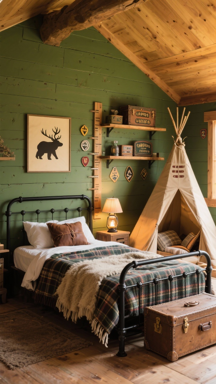 Photorealistic wide cozy Cabin Campout Hideaway: warm pine green walls with tongue-and-groove wood paneling on the headboard wall; black iron bed dressed in plaid bedding and a wool camp blanket; lantern-style bedside lamp casting warm glow; canvas teepee reading nook in the corner; materials of wood, canvas, wool, leather; vintage-style trunks and crate shelves with enamel labels; bear/moose silhouette art, camp badges, wooden growth chart; golden hour lighting.