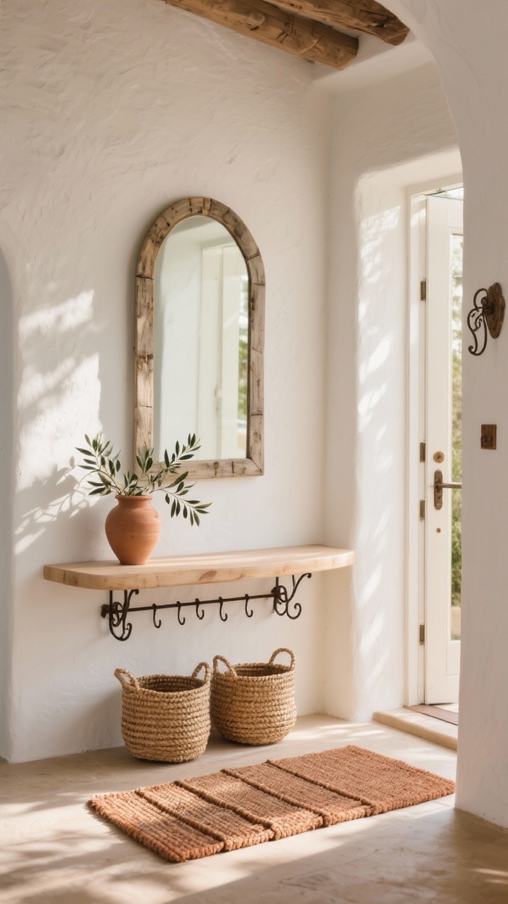 Photorealistic wide entry scene bathed in late-afternoon sun: warm white plastered walls, pale wood console with soft curved edges; large arched mirror with distressed wood frame above; terra-cotta mat at the threshold layered with woven runners; pair of woven baskets beneath console; clay urn with olive branches; antique iron hook rail; earthy Mediterranean textures and breezy warmth.