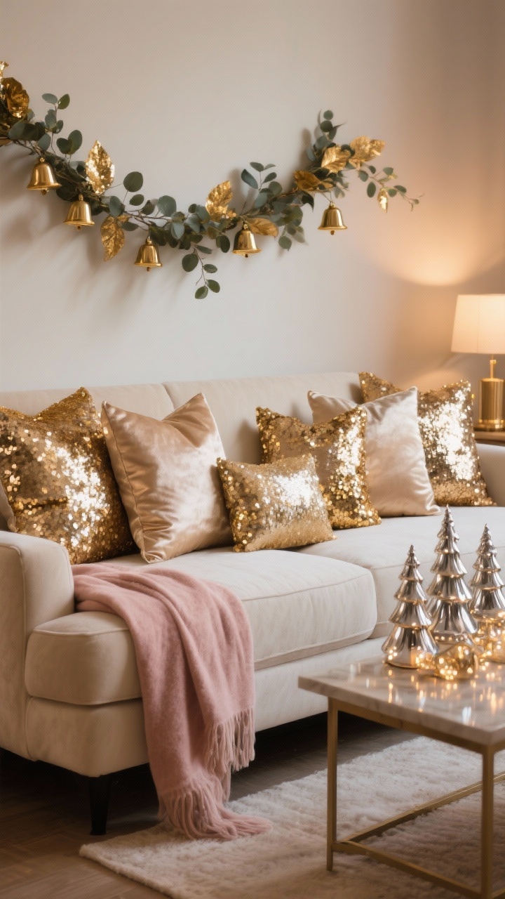 Photorealistic wide, evening glow: neutral sofa piled with metallic pillows—champagne velvet, gold sequins, and shimmery satin—creating layered sparkle. A blush throw softens the scene. A thin eucalyptus garland with gold-dipped leaves runs across the back of the couch. On the side table, a cluster of mercury glass trees twinkles in warm ambient light. Palette: champagne, gold, blush, ivory. Textures: velvet, satin, sequin, mercury glass. Gold bell garland nestled among the cushions.