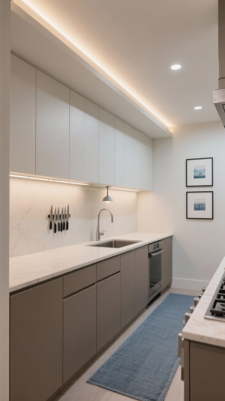 Photorealistic wide galley kitchen: matte taupe lower cabinets, one wall with no uppers, opposite wall with a single bank of warm white uppers. Continuous LED channels run beneath the uppers and along the ceiling perimeter for soft cove illumination. A micro linear pendant is mounted over the sink for focused task lighting. Minimal accents: magnetic knife strip, two framed prints, cool blue-gray runner. Sleek, uncluttered, all-over LED glow.