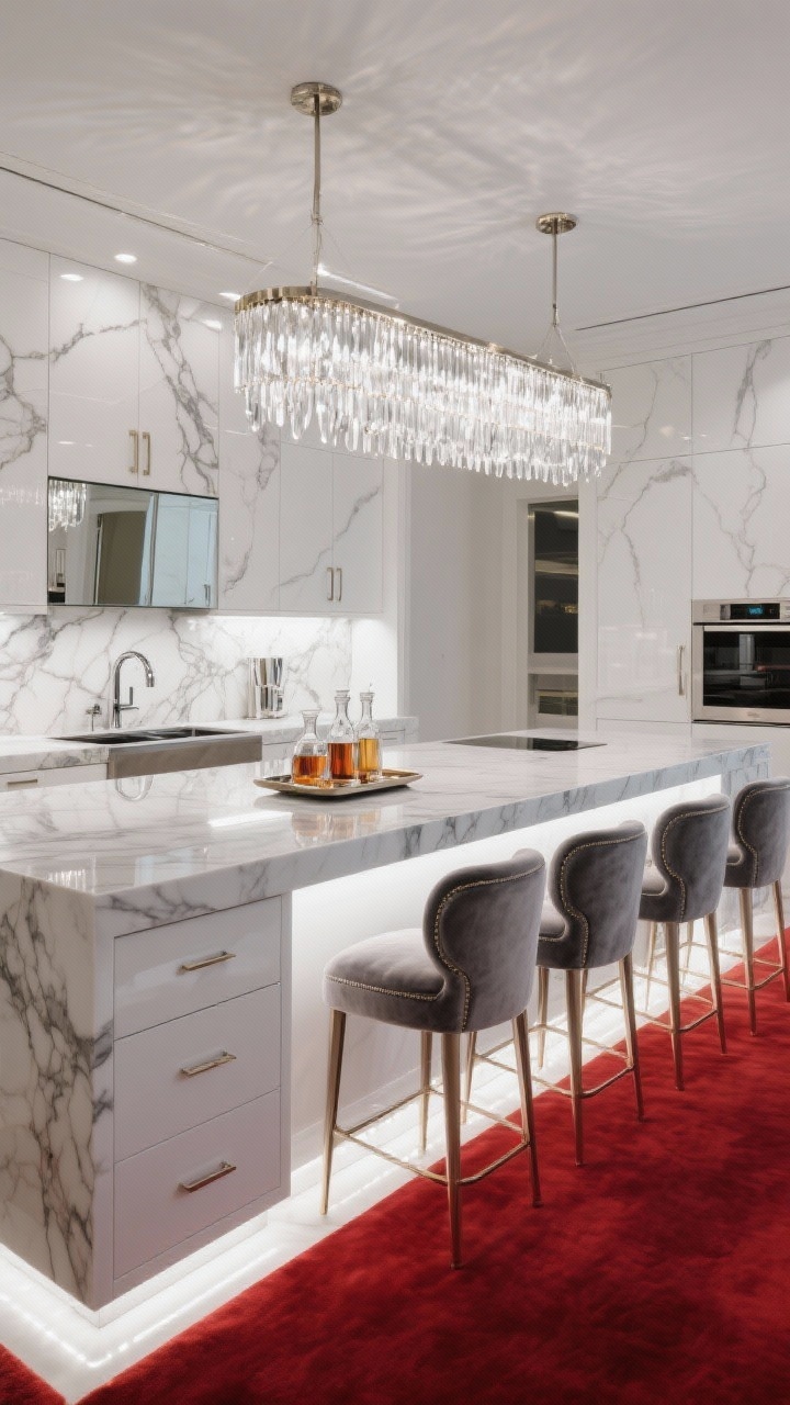 Photorealistic wide glam scene: high-gloss white cabinets, Calacatta-look marble backsplash with bold veining, chrome fixtures. Above the peninsula, a linear crystal chandelier with cascading prisms sparkles dramatically. Velvet counter stools in smoky gray line the counter; a mirrored tray holds decanters. Toe-kick LED lighting makes base cabinets float at night. High-shine, red-carpet elegance with crisp reflections.