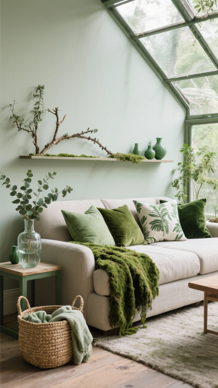 Photorealistic wide, greenhouse-inspired living room: sofa piled with variegated green pillows—sage, olive, forest—and a couple of botanical print cushions. A mossy throw layered on the arm. Above the sofa, a narrow wall shelf holds real or faux cedar stems. A clear glass vase of eucalyptus on the end table. Matte green ornaments sprinkled tone-on-tone. Palette: sage, olive, forest, clear glass. Textures: linen, velvet, fresh greenery. A woven jute basket with extra throws on the floor.
