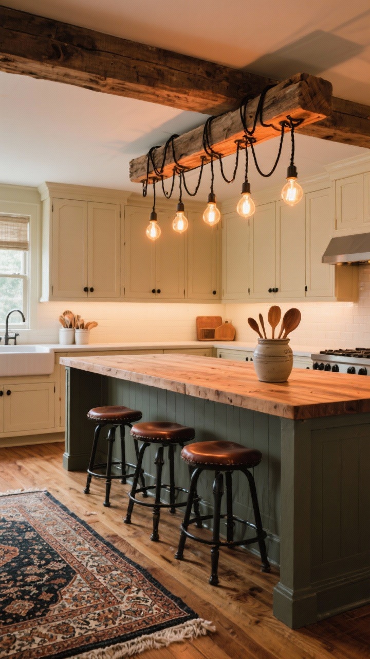 Photorealistic wide kitchen shot: a reclaimed barn beam suspended over a butcher-block island with staggered Edison bulbs on black cloth cords, creamy shaker cabinets with matte black hardware, deep farmhouse sink, warm oak floors, vintage Persian runner, black metal counter stools with saddle leather seats, ceramic crock of wooden spoons; amber-tinted dimmable bulbs casting a buttery evening glow over the island; straight-on perspective.