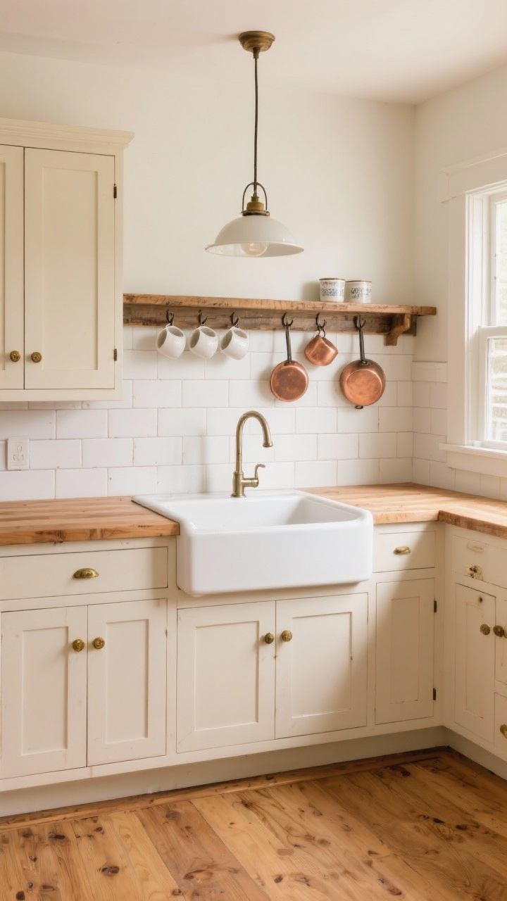 Photorealistic wide kitchen shot, straight-on view: cream Shaker cabinets with aged brass pulls, warm maple butcher block countertops, compact white apron-front sink with slender gooseneck faucet, long reclaimed wood wall shelf with hooks holding mugs and copper pans, white subway tile backsplash with light taupe grout, a single schoolhouse globe pendant over the sink, honey-toned vinyl plank flooring that reads like old pine; cozy, timeless farmhouse mood with soft morning light.