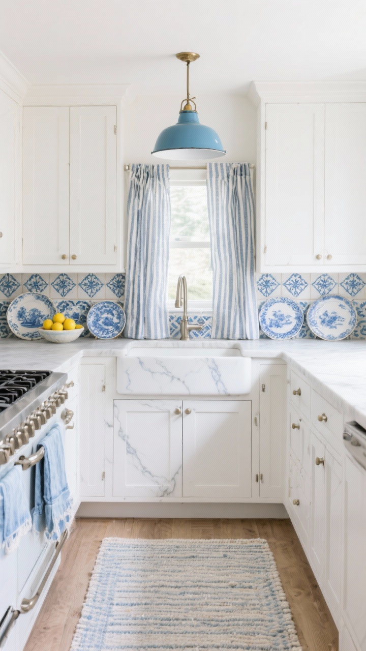Photorealistic wide kitchen vignette, straight-on: soft white cabinets, white quartz countertop with subtle blue-gray veining; range backsplash focal of blue-and-white patterned tiles; polished nickel hardware; blue enamel pendant over the sink; striped cafe curtains, vintage blue transferware displayed on a narrow ledge; bowl of lemons on the counter; light denim flatweave rug; fresh sunwashed coastal farmhouse mood.