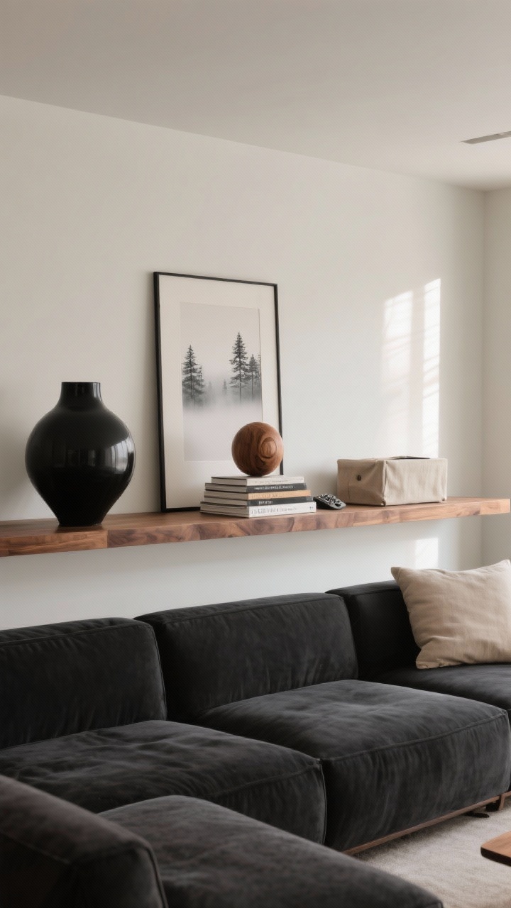 Photorealistic wide living room shot, straight-on: a long, low-profile walnut floating ledge above a charcoal sofa. Palette is charcoal, walnut, and oat. On the ledge: a matte black sculptural vase, a framed minimalist landscape of foggy pines, a stack of design books topped with a carved wooden sphere, and a linen-covered box for remotes. Clean lines, calm and edited styling, soft indirect afternoon light.