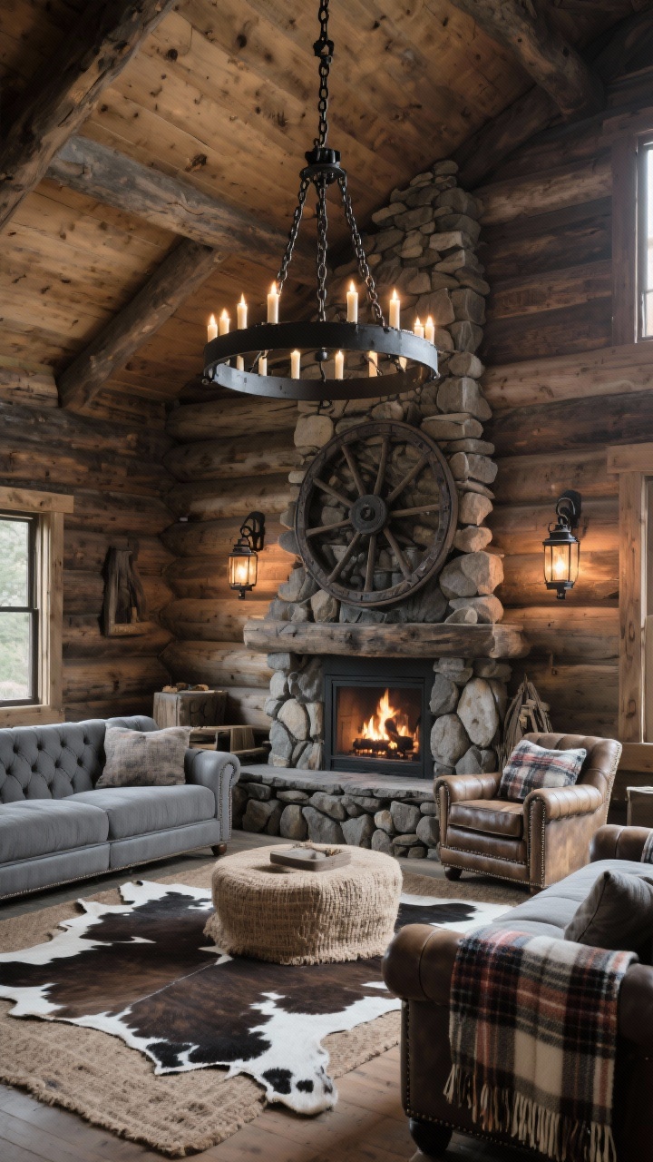 Photorealistic wide living room view: smoky cabin vibe with rough-sawn pine walls and a stacked-stone fireplace to the ceiling; massive iron wagon wheel chandelier with candle-style bulbs hanging from a blackened iron chain centered over a slate-gray sectional; layered cowhide rug over jute, tufted leather chairs draped with plaid wool blankets; iron lantern sconces flanking the hearth, firelit ambiance; corner angle capturing height and texture.