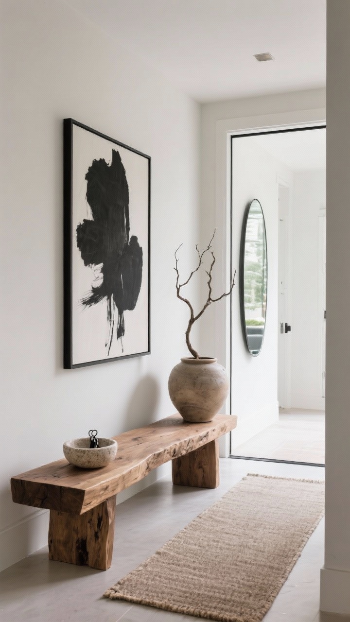 Photorealistic wide minimalist entry: chunky solid oak slab bench against a clean wall; one oversized black-and-white art piece above as the focal point; sleek frameless mirror on adjacent wall reflecting space; nubby neutral runner underfoot; single travertine bowl for keys on the bench; oversized stoneware pot with a sculptural branch; quiet, elevated, unfussy lighting.