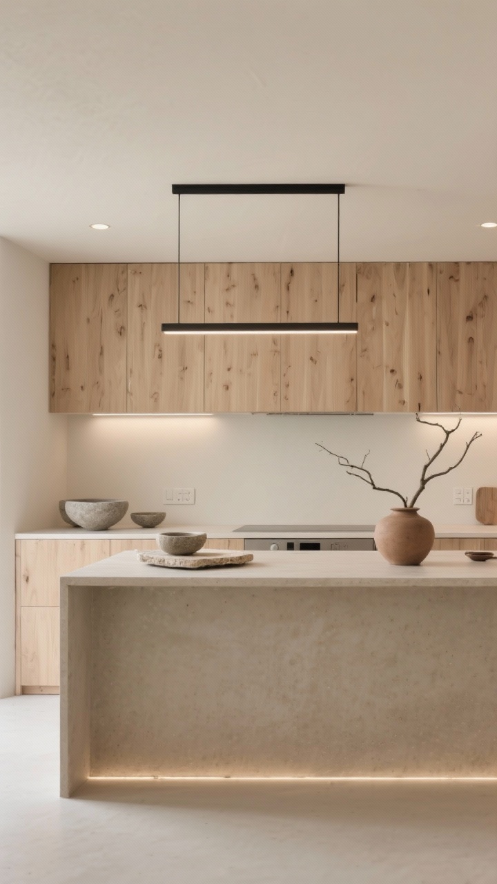 Photorealistic wide minimalist Japandi kitchen: light oak slab cabinets, putty-colored walls, beige concrete-look countertop. Lighting is linear and restrained: a super-slim black LED pendant over the island and recessed micro downlights on dimmers. Toe-kick LEDs create a soft-floating base. Styling is sparse—stone bowls, travertine trays, and a single branch in a clay vase. Calm, earthy, refined.