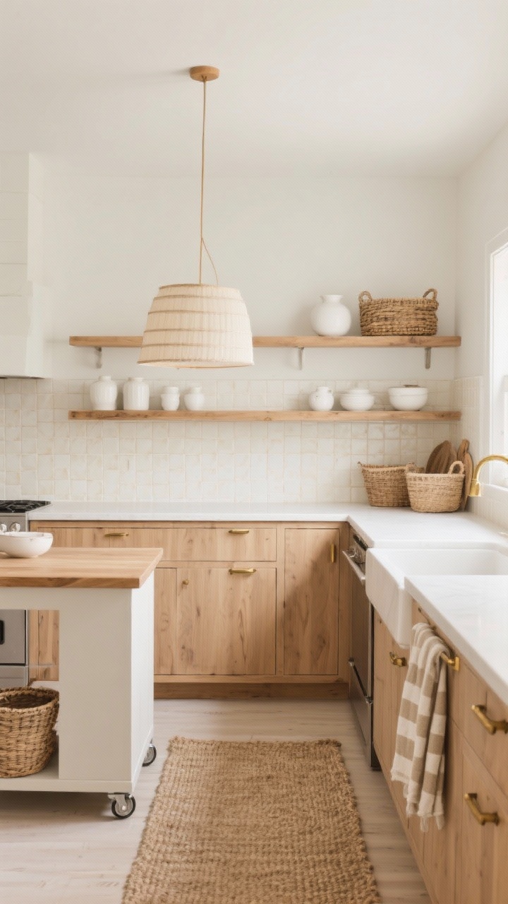 Photorealistic wide minimalist kitchen scene, straight-on: flat-panel oak-look base cabinets, warm white countertop, matte cream micro tile backsplash; no uppers—just straight floating wood shelves arranged with white pottery and woven baskets; compact rolling island for prep; brushed brass edge pulls; slender linen drum pendant overhead; natural jute rug and beige-striped towels; airy Scandinavian farmhouse vibe in warm neutrals.