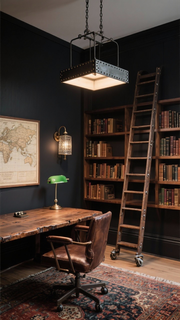 Photorealistic wide office library: deep charcoal walls, warm walnut shelving with a rolling library ladder; riveted cage sconces with seeded glass lining the shelves; rectangular iron chandelier above a worn leather-topped desk; vintage map on the wall, green banker’s lamp on the desk, hand-knotted rug underfoot; focused, moody lighting; corner angle capturing ladder and desk.