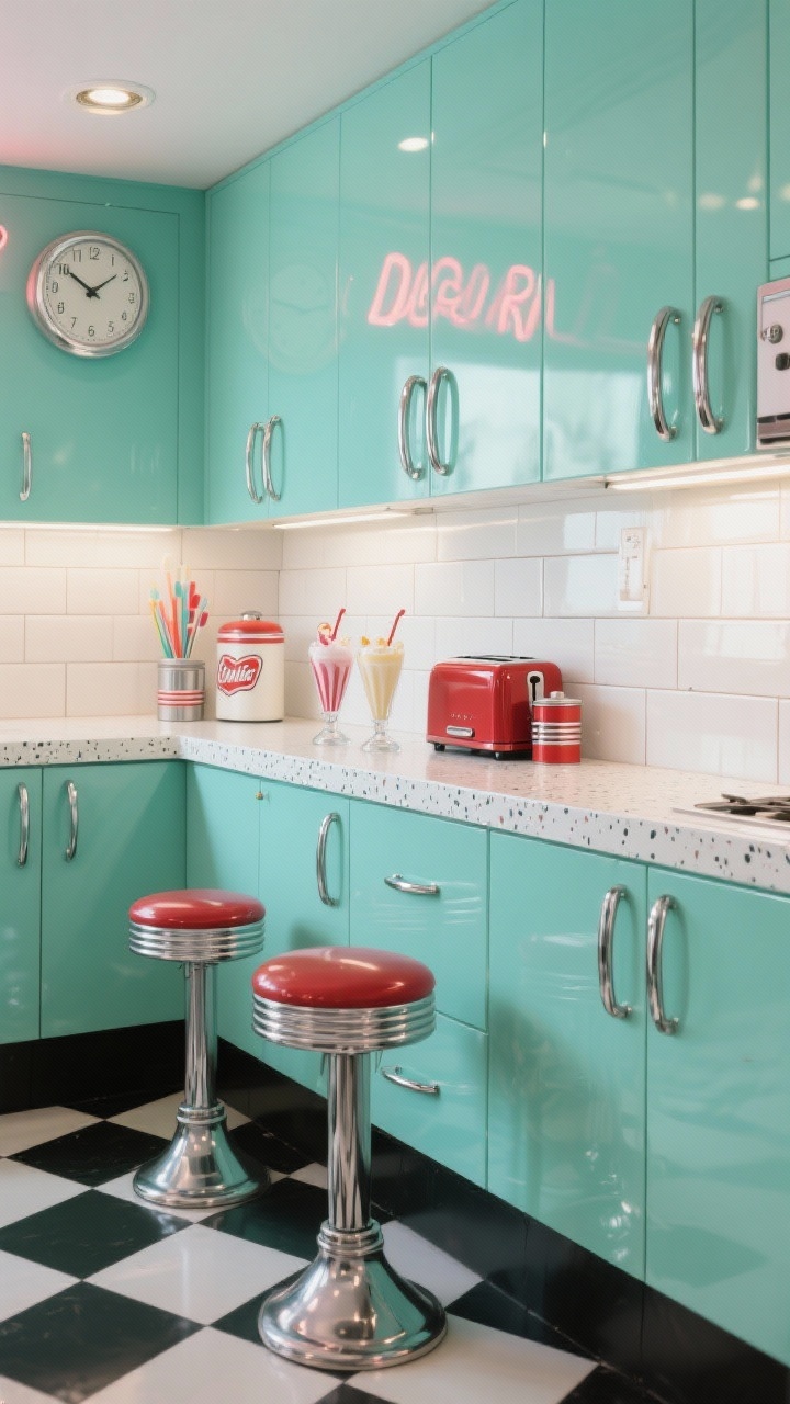 Photorealistic wide retro diner kitchen scene: mint-green cabinets with shiny chrome tubular bar pulls; speckled white laminate countertops; high-gloss white subway tile backsplash; classic black-and-white checkered floor; red toaster for pop; retro canisters, milkshake glasses, and a chrome diner stool; optional neon sign or vintage clock on wall; bright, playful lighting