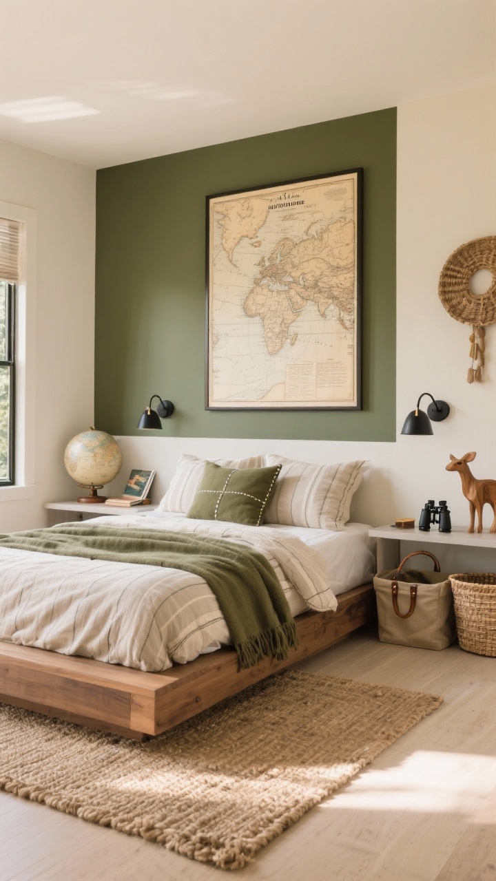 Photorealistic wide room shot of a Modern Explorer Retreat: sand-colored walls with a single deep olive accent wall behind a sleek low-profile wood platform bed, textured jute rug underfoot, large framed vintage map centered above the headboard, pair of black metal sconces for reading, leather-handled bins and canvas trunks beside a slim console holding field guides and binoculars; neutral striped duvet, olive throw, linen pillows with subtle topstitching; decor includes a globe, wooden animal figures, and a woven wall basket; warm natural morning light, calm adventurous mood.