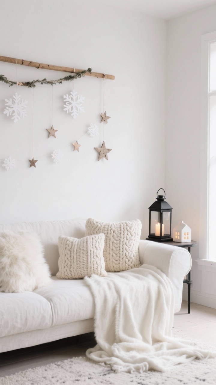 Photorealistic wide shot, minimalist living room with a white/beige linen sofa. Tonal layers: ivory faux fur pillows, cream cable-knit cushions, a soft white throw spilling to the floor. On the wall behind, a wooden dowel suspends paper snowflake garlands and small birch stars. A matte black lantern with a flameless candle sits to the side for contrast. Palette: white, cream, soft gray, matte black accents. Textures: faux fur, cable knit, paper. Soft, diffuse daylight; a single ceramic house nightlight on the side table.