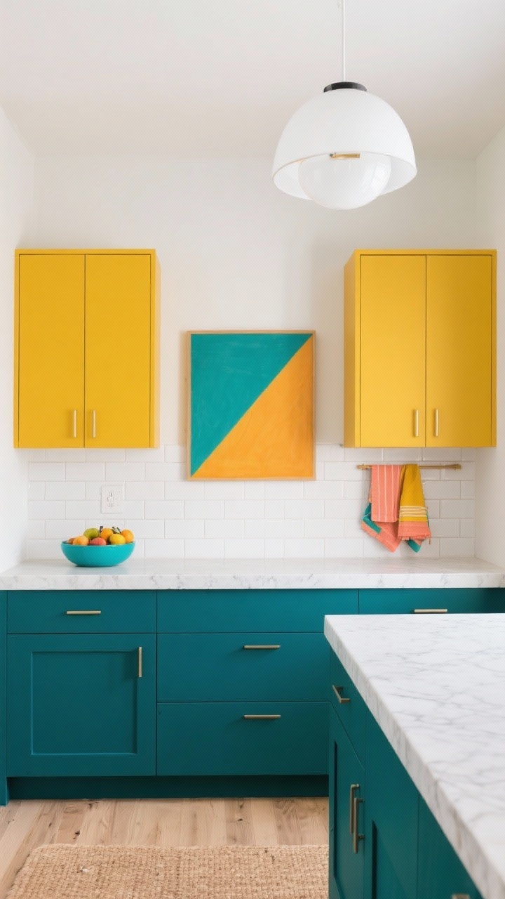 Photorealistic wide shot of a Bold Color-Block Statement kitchen: deep teal lower cabinets and sunny marigold uppers, flat fronts with thin bar pulls; white quartz counters and white walls; simple white square tile backsplash; geometric art on the wall, color-block tea towels, and a vibrant fruit bowl echoing teal/marigold with a dash of coral; white dome pendant to calm the palette; floor in light wood or pale cork; clean, graphic composition; straight-on view.