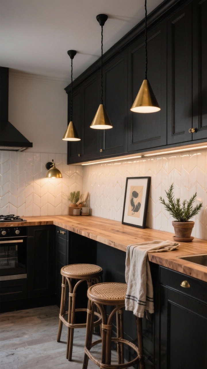 Photorealistic wide shot of a chic Parisian-inspired apartment kitchen: matte black cabinets, warm oak butcher block counters, and a creamy ivory beveled tile backsplash. A trio of brass cone pendants with black cords hangs over a narrow peninsula, casting warm light. Under-cabinet LED strips wash the counters; a tiny dome sconce glows above a framed art print. Include bistro stools with cane seats, linen tea towels, and a single potted rosemary plant. Moody, cozy bistro ambiance.