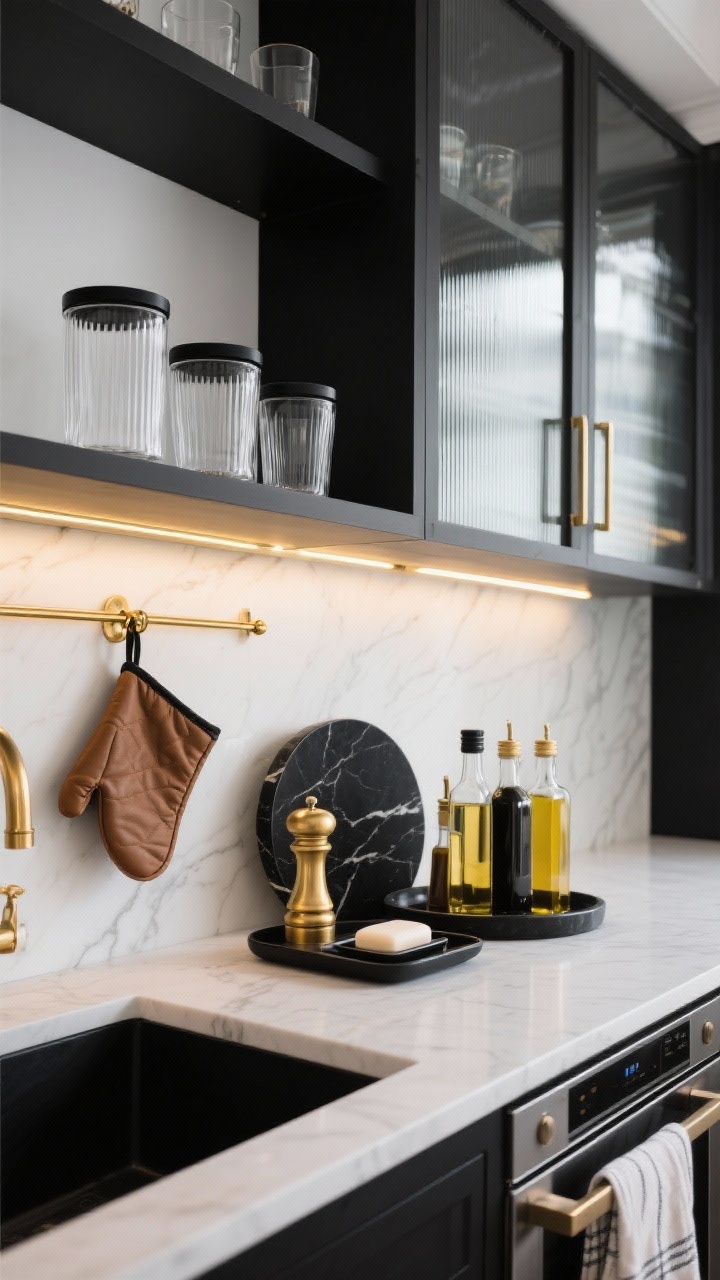 Photorealistic wide shot of a coastal-modern black-and-brass kitchen shelf and counter: clear glass canisters with black lids, brass pepper mill, black marble lazy Susan with oils and vinegars; under-cabinet brass LED strip shimmering across ribbed glass tumblers inside a glass-front cabinet; narrow black tray for soap by the sink, linen-and-leather oven mitt on a brass hook; crisp, sophisticated lighting, palette of black, brass, and cloud white.