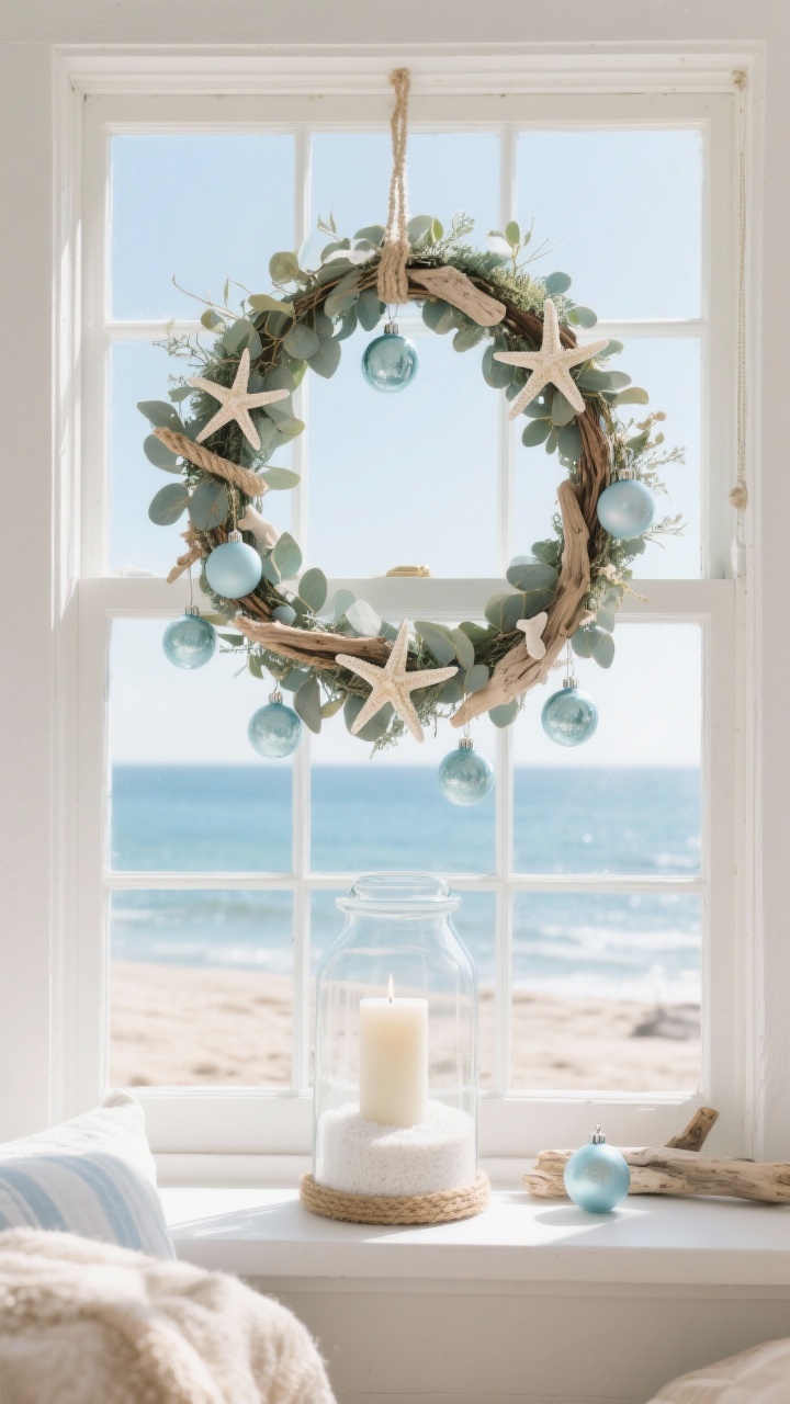 Photorealistic wide shot of a Coastal Noel window: palette of sea-glass blues, sandy beige, and crisp white; soft eucalyptus garland draped with bleached starfish and small driftwood pieces tucked in; pale blue ornaments and a rope-wrapped wreath centered; on the sill, a glass hurricane filled with white sand and a pillar candle; bright coastal daylight, airy breeze feel.