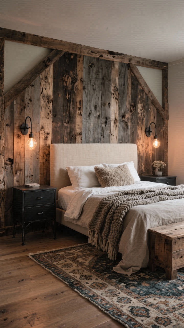 Photorealistic wide shot of a cozy bedroom with a reclaimed barnwood accent wall behind the bed, knotty and weathered with visible imperfections; palette of warm taupe, charcoal, and cream; low-profile upholstered linen headboard; pair of iron sconces with exposed bulbs on the barnwood; blackened metal nightstands; reclaimed wood dresser; bed layered with heavy linen duvet, chunky knit throw, and nubby wool pillows; vintage Turkish rug softening a matte wood floor; soft evening glow with the sconces as primary light, no people.
