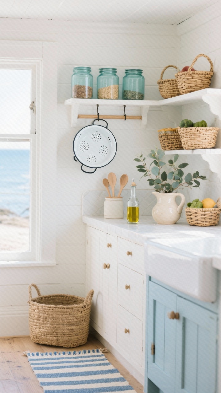 Photorealistic wide shot of a fresh coastal cottage kitchenette: sea-glass tinted canisters for pantry staples, woven rattan baskets with produce on open shelves, a white enamel colander hanging on a peg rail, striped blue-and-cream runner on the floor; glass olive oil cruet, pale wood spoon set in a crock, ceramic pitcher of eucalyptus on the counter; soft daylight, breezy vibe, colors in soft blues, sandy beige, and crisp white.