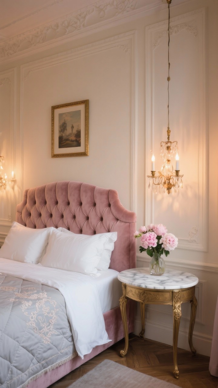 Photorealistic wide shot of a Parisian apartment–style guest bedroom: creamy walls with delicate wall molding, a tufted velvet headboard in dusty rose, vintage-inspired chandelier casting candlelike glow, crisp white linens layered with a pale gray quilt and embroidered shams, marble-topped bistro table as nightstand with a small vase of peonies, gilt-framed art on the wall; elegant, refined romance, evening warm lighting, corner angle.