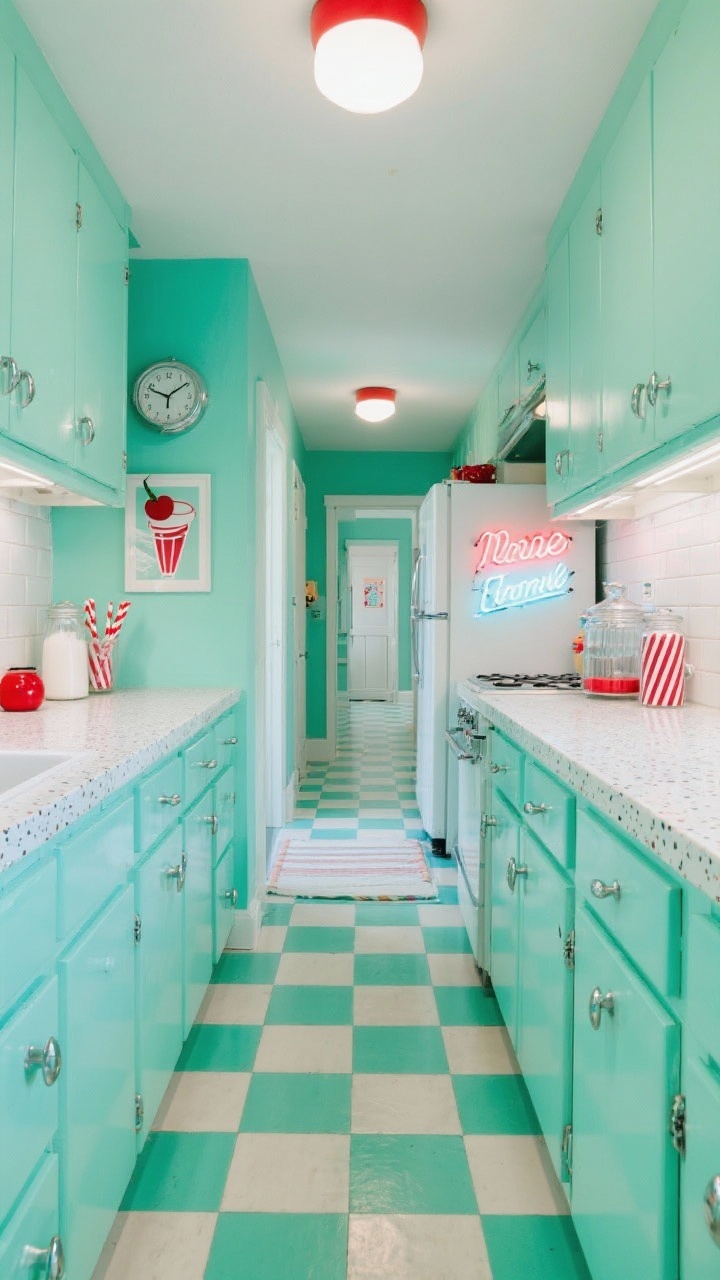 Photorealistic wide shot of a Retro Mint and Chrome Refresh galley: glossy mint green cabinets with chrome cup pulls, white tile backsplash with mint grout, speckled laminate-look countertops; checkerboard mint-and-cream runner down the floor; retro-style fridge (or decorated to look retro), neon-inspired art print; accessories include milk-glass canisters, striped straws, vintage wall clock; pops of cherry red accents; bright, playful lighting; straight-on hallway perspective.