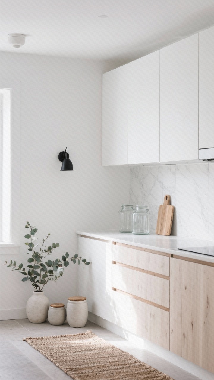 Photorealistic wide shot of a Scandinavian apartment kitchen in matte white with flat-panel, handleless upper cabinets beside pale oak lower cabinets with thin oak pulls; skinny white quartz backsplash running to the ceiling; pale oak accents, clear glass jars, eucalyptus in a minimal vase, a woven runner on the floor, a single black sconce on the wall, and a trio of ceramic canisters; color palette white, pale oak, soft gray; bright, sunlit ambience even with limited natural light; clean, calm, minimal styling