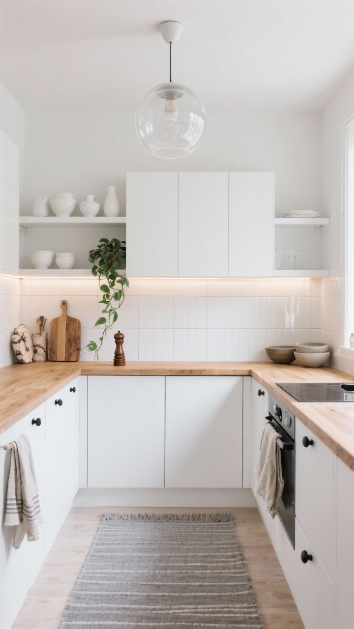 Photorealistic wide shot of a Scandinavian Cloud Kitchen: matte white flat-front cabinets, blond oak butcher-block countertops, simple black hardware, glossy white subway tile backsplash with skinny grout lines; floating shelves styled with white ceramics, a trailing pothos, and a teak pepper mill; muted gray Scandi runner rug; frosted glass globe pendant overhead with soft daylight and subtle under-cabinet LED glow; decor includes linen tea towels, birch cutting boards, and stoneware bowls; airy, calm, bright mood; straight-on view.