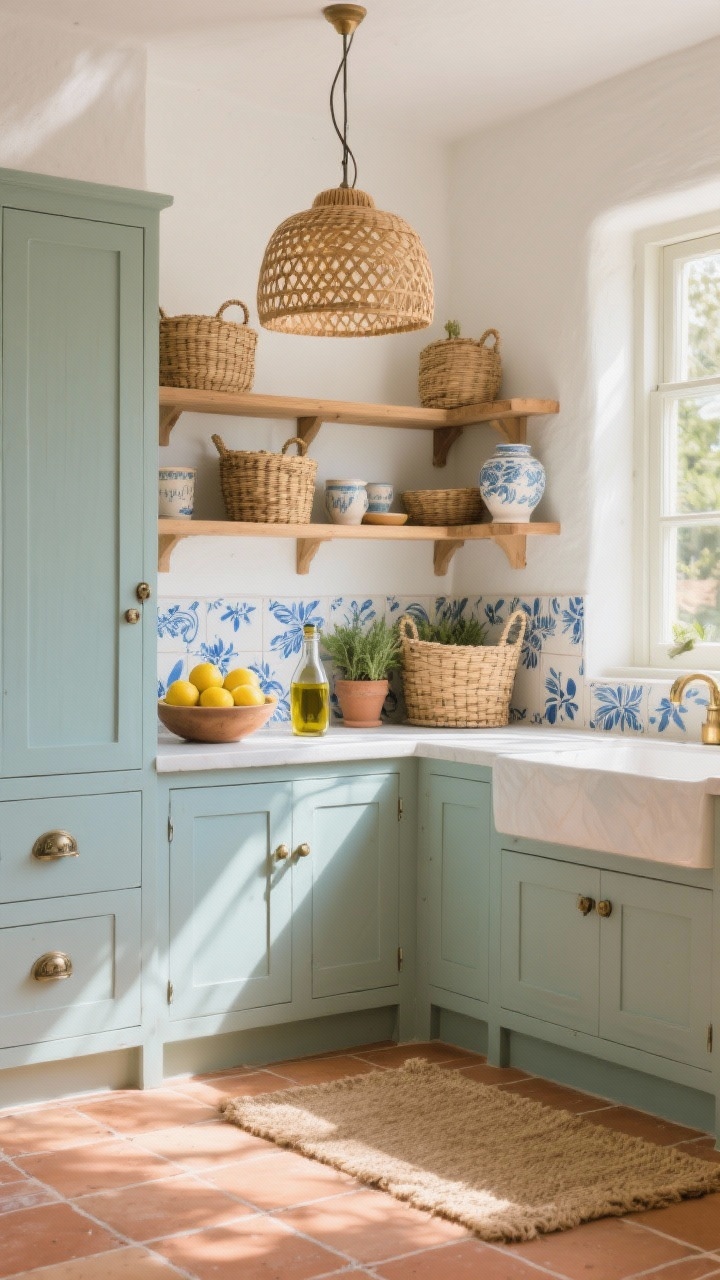 Photorealistic wide shot of a Sunlit Mediterranean Nook: soft sage/dusty blue cabinets, terracotta floor tiles (peel-and-stick look), blue-and-white hand-painted-style backsplash; rattan pendant light casting warm patterned glow; cane baskets on open shelves, jute rug; styled with a bowl of lemons, olive oil decanter, and small herb pots; materials include woven rattan, rustic ceramics, warm wood; aged brass or antique pewter hardware; sunlit, breezy vibe; window-side perspective.