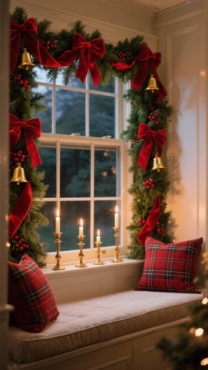 Photorealistic wide shot of a traditional window decked in Classic Red Velvet and Evergreen: thick evergreen garland draped across the frame, lush red velvet ribbons tied throughout; real or faux holly berries and small gold bells tucked in; brass candlesticks with glowing battery taper candles on the sill; a window bench with two plaid throw pillows; warm evening holiday lighting, slight corner angle.