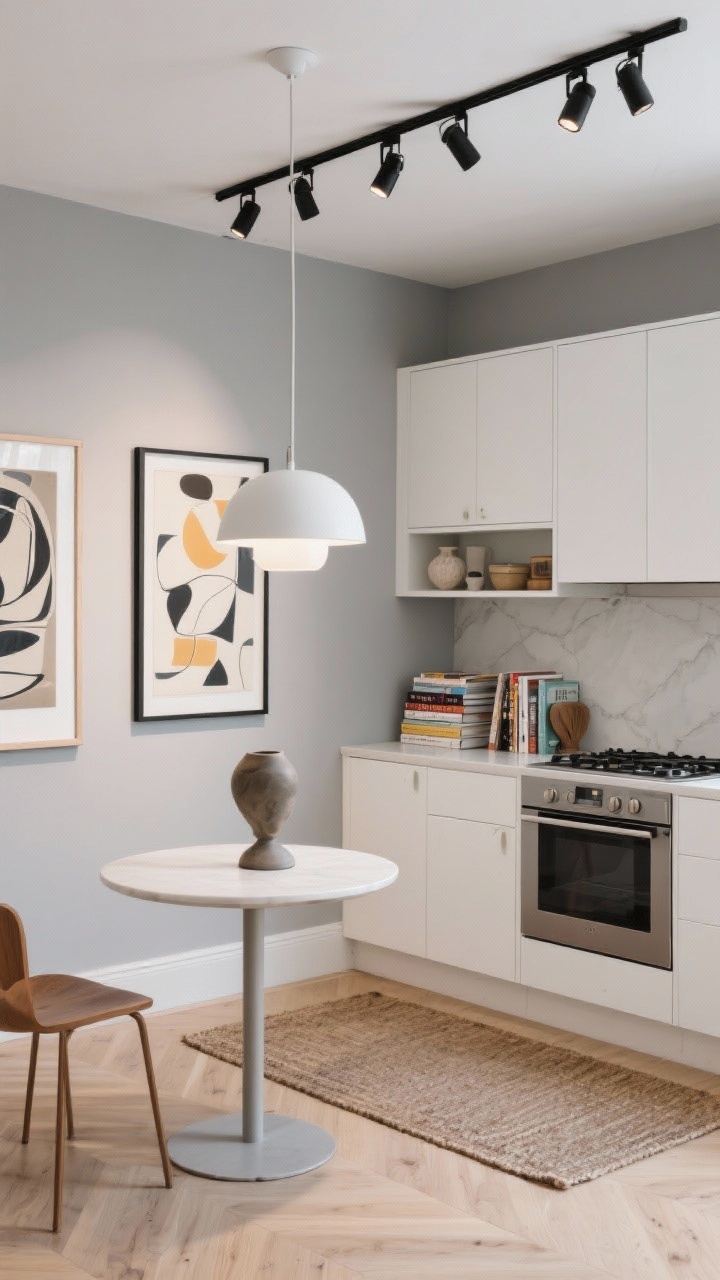 Photorealistic wide shot of an art gallery-inspired kitchen: soft white cabinets, gallery-gray walls, light oak floor mat. A minimalist black track lighting system with adjustable spot heads highlights framed abstracts, open shelves, and the cooktop. A single sculptural matte white pendant glows over a small café table. Decor is curated: stacked cookbooks and a ceramic sculpture on display. Clean, intentional, gallery-like ambiance.