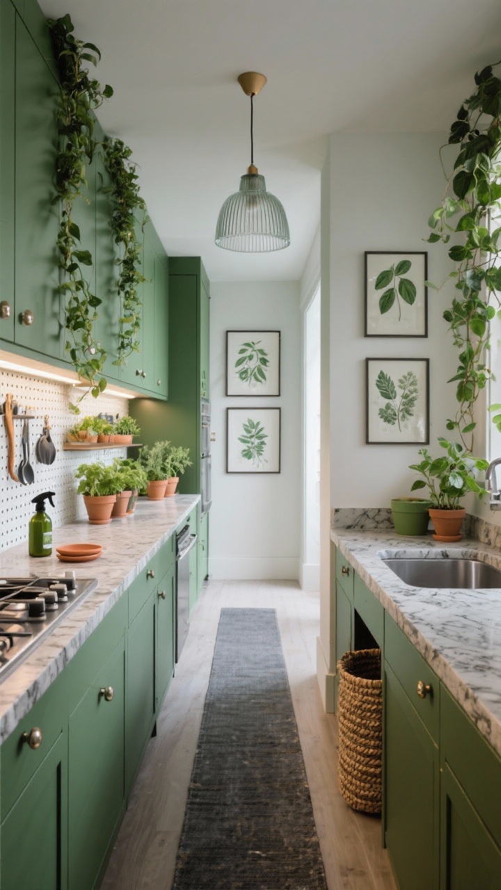 Photorealistic wide shot of an Urban Greenhouse Galley: moss green cabinets, stone-look countertops, stainless shelf under uppers lined with herb pots (basil, thyme) and trailing ivy; under-cabinet grow lights illuminating plants; perforated pegboard wall with hanging tools and planters; botanical prints framed on walls; ribbed glass pendant and slate runner; details like a spray bottle, terracotta saucers, and woven baskets; lush, functional vibe; straight-on hallway view.