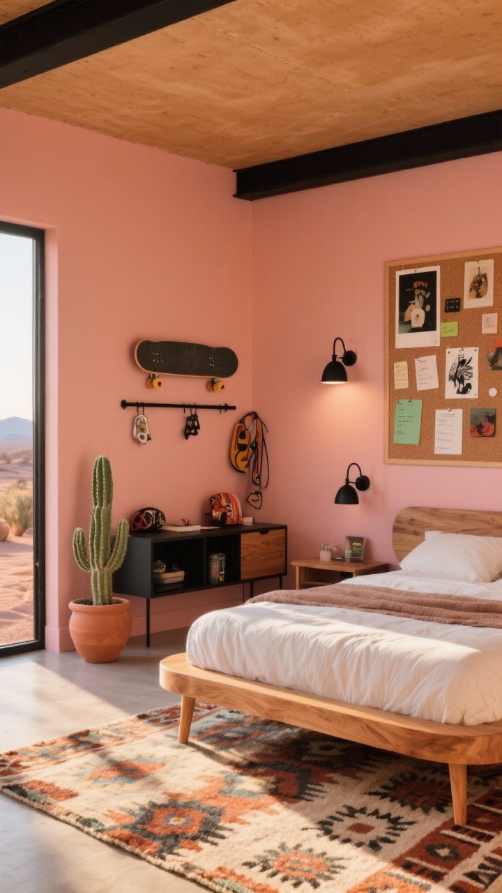Photorealistic wide shot of Desert Modern Skate-and-Study: terracotta blush walls, desert tan ceiling, black-and-oak furniture; maple bed with rounded edges, Southwest-pattern rug, matte-black sconces; corkboard wall filled with art and to-dos; accents of rust, sage, sand with matte black; low credenza for gear and wall rails hanging a skateboard; faux cacti and terracotta planter; warm late-afternoon sunlight.