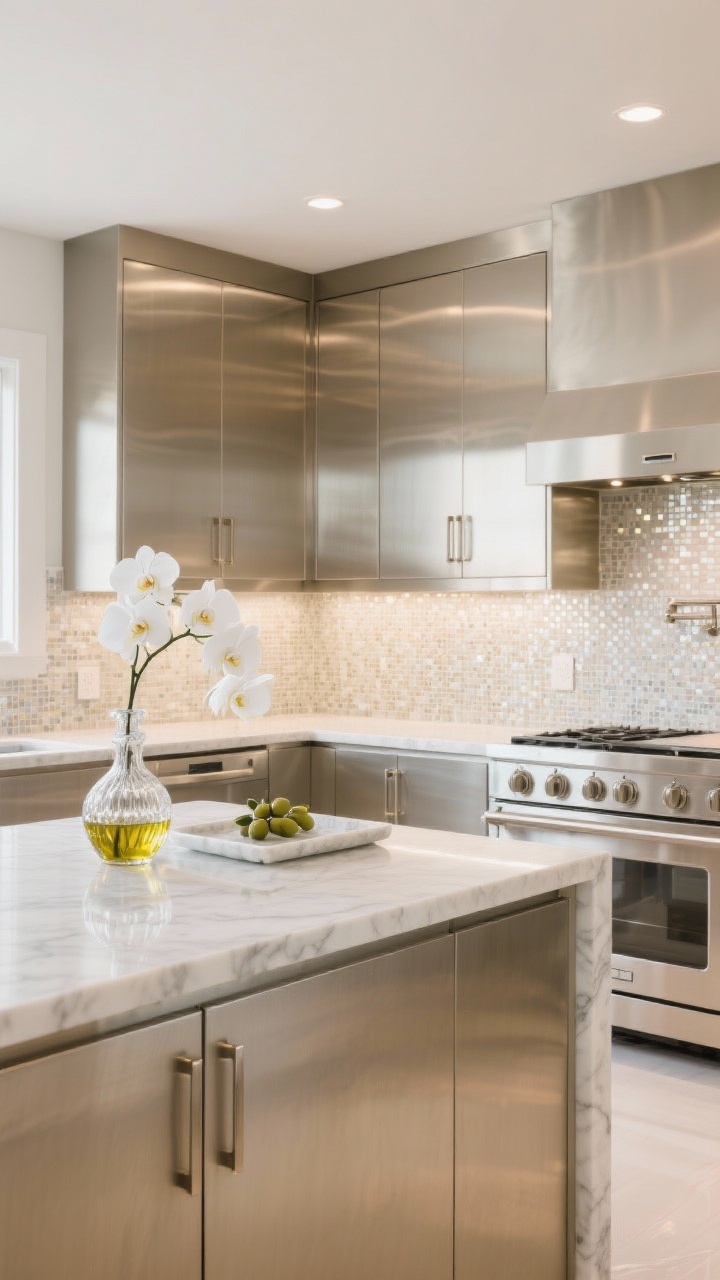 Photorealistic wide shot of sleek metallic kitchen: brushed champagne metal-faced cabinets with integrated edge pulls; waterfall quartz peninsula; micro-mosaic tile backsplash in pearly tonality; restrained décor featuring a crystal decanter for olive oil, a marble tray, and white orchids; color palette champagne, warm white, soft gray; soft, reflective lighting for a luxe feel