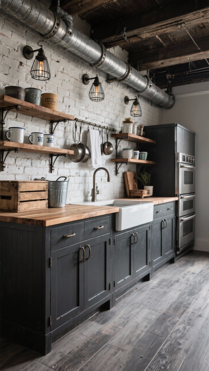 Photorealistic wide shot with an industrial edge: charcoal lower cabinets, warm oak butcher block counter, open steel pipe shelving backed by white-painted brick veneer; industrial cage sconces mounted above shelves; stainless appliances and a stainless utility rail holding ladles, pans, and towels; galvanized bins, enamel mugs, and wooden crates styled on shelves; weathered gray vinyl plank flooring; moody, rugged farmhouse-industrial mood.