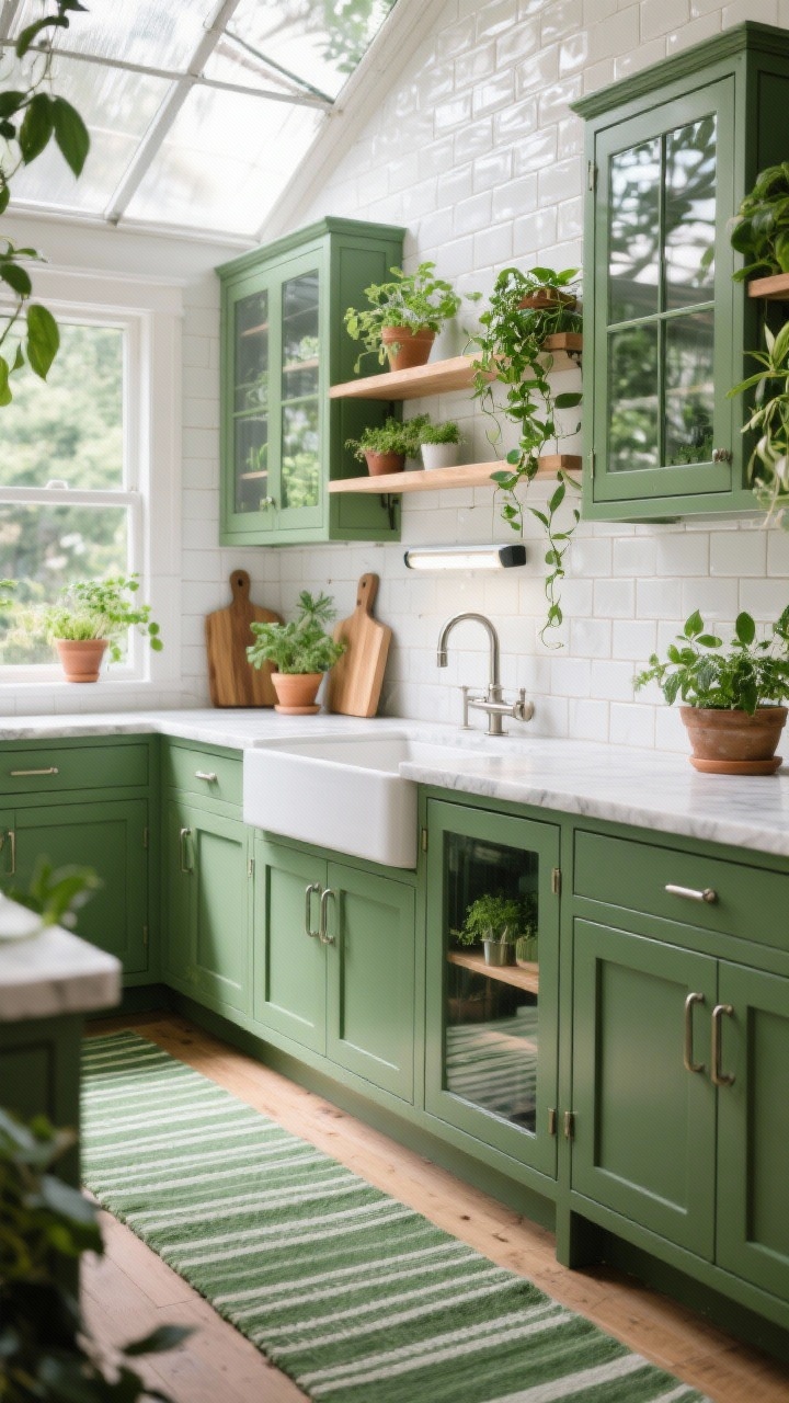 Photorealistic wide shot with greenhouse feel: eucalyptus green lower cabinets, open glass-front uppers reflecting light; glossy white brick tile backsplash; white stone-look countertop; shelves and sill lined with potted herbs, trailing pothos, and a discreet compact grow light; natural oak accents on cutting boards and trim; brushed nickel hardware; green stripe runner on the floor; bright, botanical, high-contrast farmhouse.