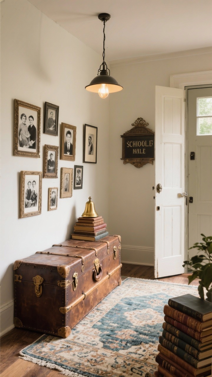 Photorealistic wide, straight-on heritage entry: antique steamer trunk serving as a bench/console; gallery wall above with black-and-white family photos in mismatched vintage frames; faded Turkish rug on the floor; stack of leather-bound books on the trunk; brass bell by the door; schoolhouse pendant overhead casting warm, nostalgic light.