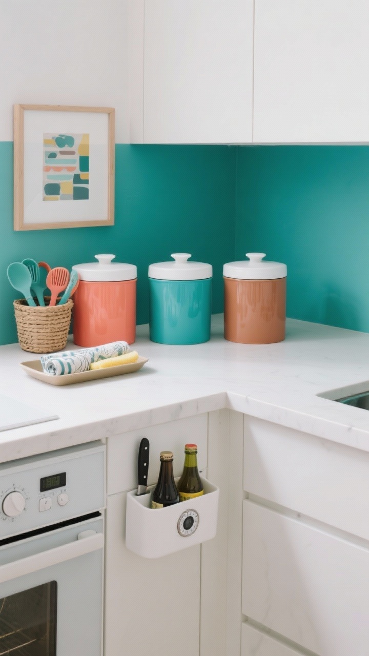 Photorealistic wide, straight-on shot of a color-blocked modern minimal kitchenette: color-block canisters in coral, teal, and clay with uniform white lids arranged on a white counter; slim under-shelf basket storing wraps, magnetic timer trio on the oven; white knife dock, hidden sponge caddy just peeking from the sink edge, tray for everyday bottles; bright framed print and matching silicone utensil set tying the palette together; clean lines, bright even lighting.