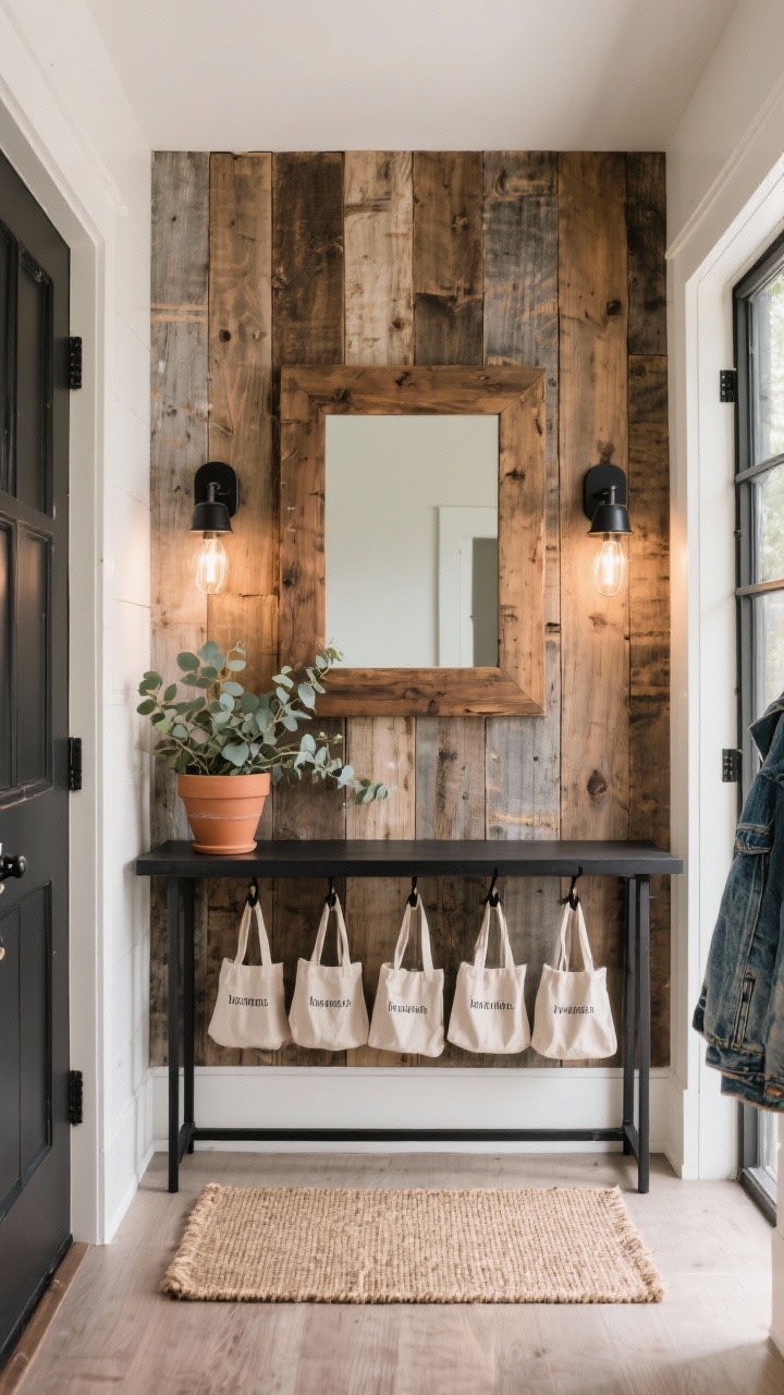 Photorealistic wide, straight-on view of an entryway with a wall of vertical reclaimed barnwood planks as the backdrop; a slim matte-black metal console table centered below a chunky wood-framed mirror, flanked by two black metal sconces casting warm light; jute runner underfoot; a row of black Shaker pegs holding canvas totes and a weathered denim jacket; a single terra-cotta pot with fresh eucalyptus on the console; crisp, cozy contrast with warm textures, no people.