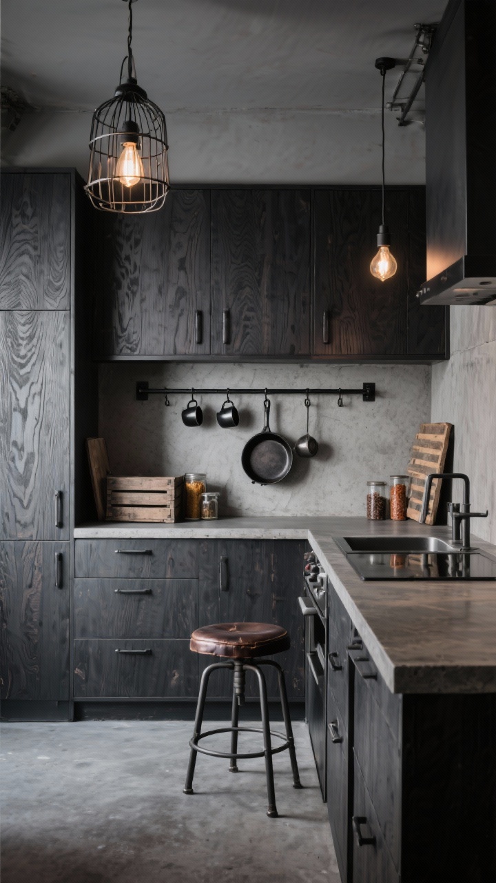 Photorealistic wide urban-industrial kitchen with charcoal-stained oak cabinets showcasing exposed grain; blackened steel pulls; textured concrete-look countertop; no upper cabinets—replaced by a single black steel shelf with rail hooks holding mugs and pans; Edison bulbs in a cage pendant; a leather stool; exposed spices, cast-iron skillet, vintage crate; palette charcoal, gunmetal, concrete gray; gritty, moody lighting