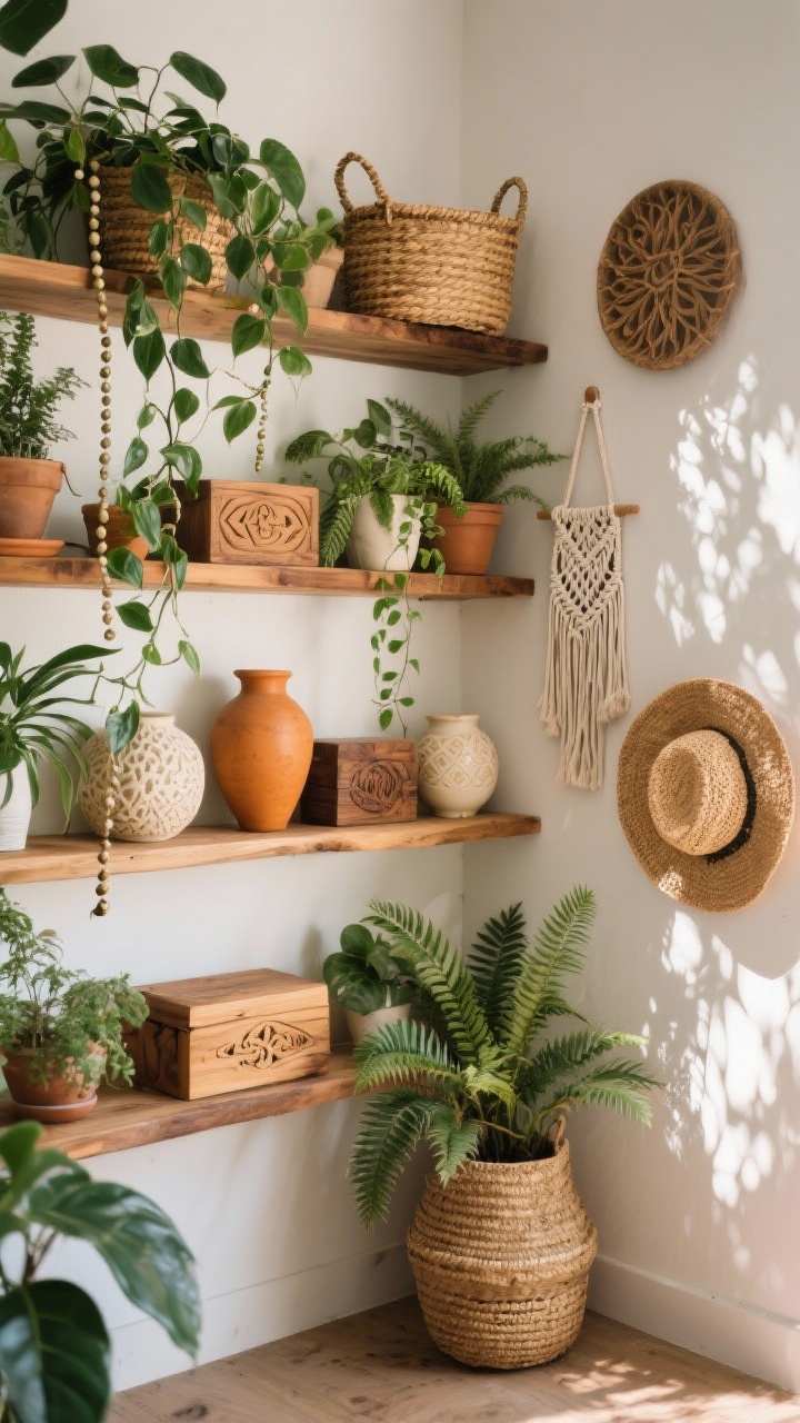 Photorealistic wide wall vignette, corner angle: staggered mango wood shelves overflowing with plants—trailing pothos, string of pearls, and ferns. Mixed textures: rattan baskets, macramé hangers, carved wood boxes, textured ceramics in ochre and cream, and a woven sun hat. Lush, boho rustic feel with dappled natural light and leafy shadows.