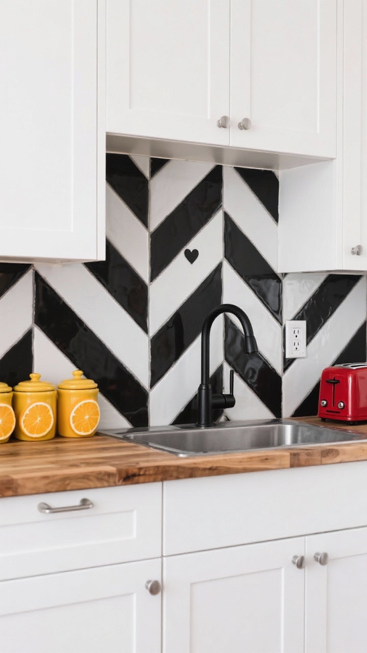 Playful retro straight-on closeup: high-contrast black and white penny tile backsplash with a custom mini pattern (diagonal stripes with a small heart near an outlet), mid-grey grout for crisp definition, flat-front white cabinets, butcher block counter, matte black faucet, a tomato-red toaster and citrus-colored canisters adding pops; bright, clean lighting emphasizing texture.