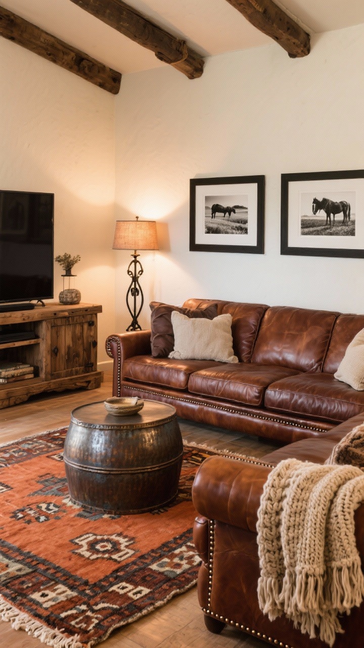 Ranch-style family room, medium-wide: a saddle leather sectional with nailhead trim anchoring the space, heavy barnwood media console, southwestern flatweave rug, hammered metal drum side table, chunky knit throws; walls with black-and-white ranch photography in simple frames; wrought-iron floor lamp casting warm light; color story of burnt umber, terracotta, and cream.