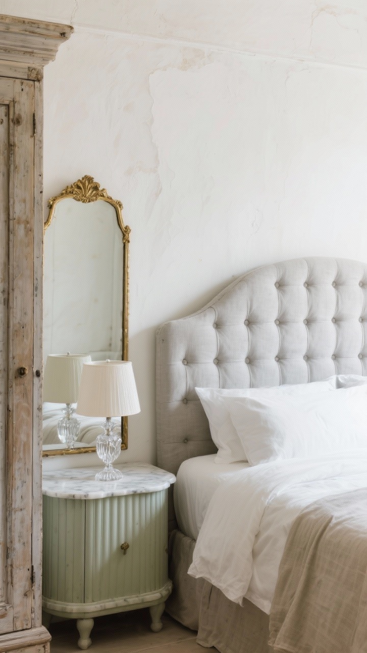 Refined French rustic luxe closeup vignette: tufted linen bed with a curved silhouette against white limewashed walls; stonewashed linen sheets in soft neutrals; antique gold mirror leaning above a weathered oak armoire edge visible; marble-top nightstand with delicate fluting holding a crystal bedside lamp; palette of dove gray, putty, bone, and muted sage accents; soft, elegant morning light.