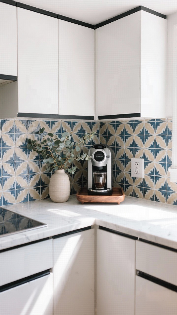 Renter-friendly niche closeup: peel-and-stick navy and cream Moroccan-patterned tiles wrapping a small cooking nook, crisp white slab cabinets with thin black bar pulls framing the area, a slim espresso machine on a walnut tray, eucalyptus stems in a simple vase; clean, modern styling, natural daylight highlighting the pattern.