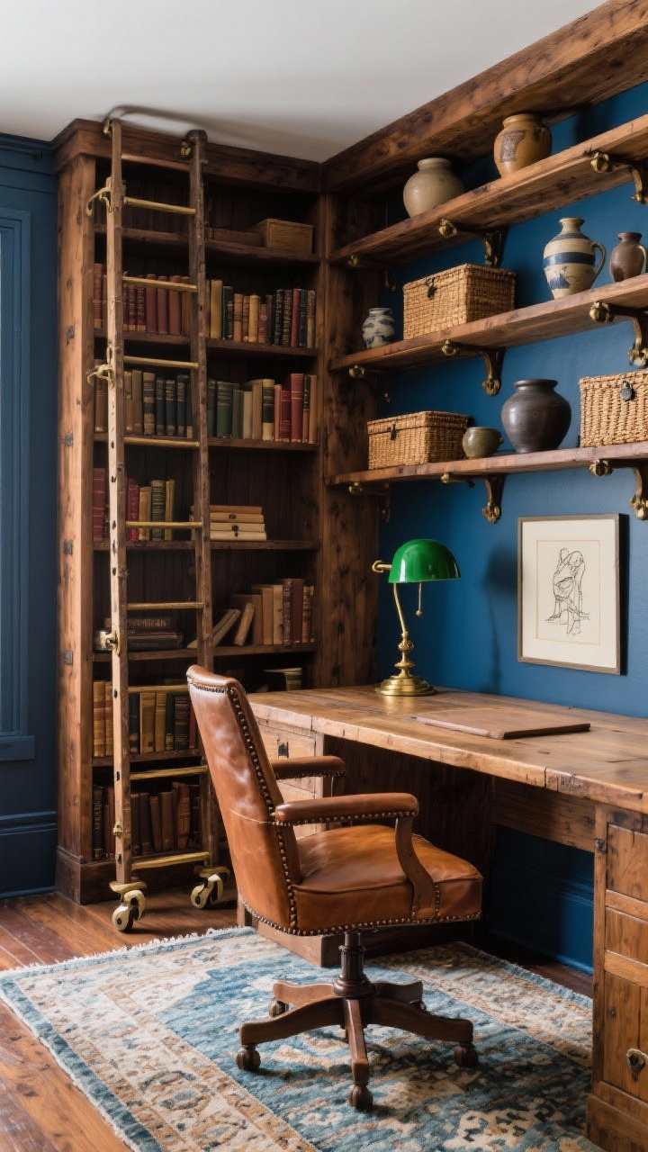 Rustic home office, medium shot from corner: floor-to-ceiling stained oak bookcases with a rolling library ladder, a substantial farm table desk, and a tobacco leather chair; ink blue walls, antique brass hardware; shelves styled with pottery, woven boxes, framed sketches; vintage-style rug under desk, green banker’s lamp illuminating a cozy, intellectual mood.