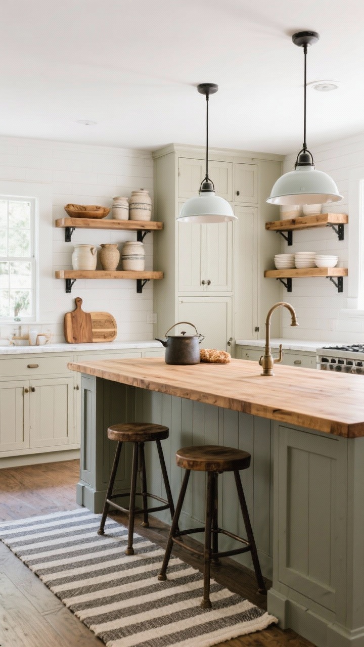Rustic-modern kitchen, straight-on medium shot: butcher block island with overhang and stools, shaker cabinets in putty, open oak shelves with black brackets, enamel barn lights as pendants, stoneware crocks, wooden cutting boards, and a striped runner on the floor; a pot filler and an antique bread board on display; soft, bright task lighting.